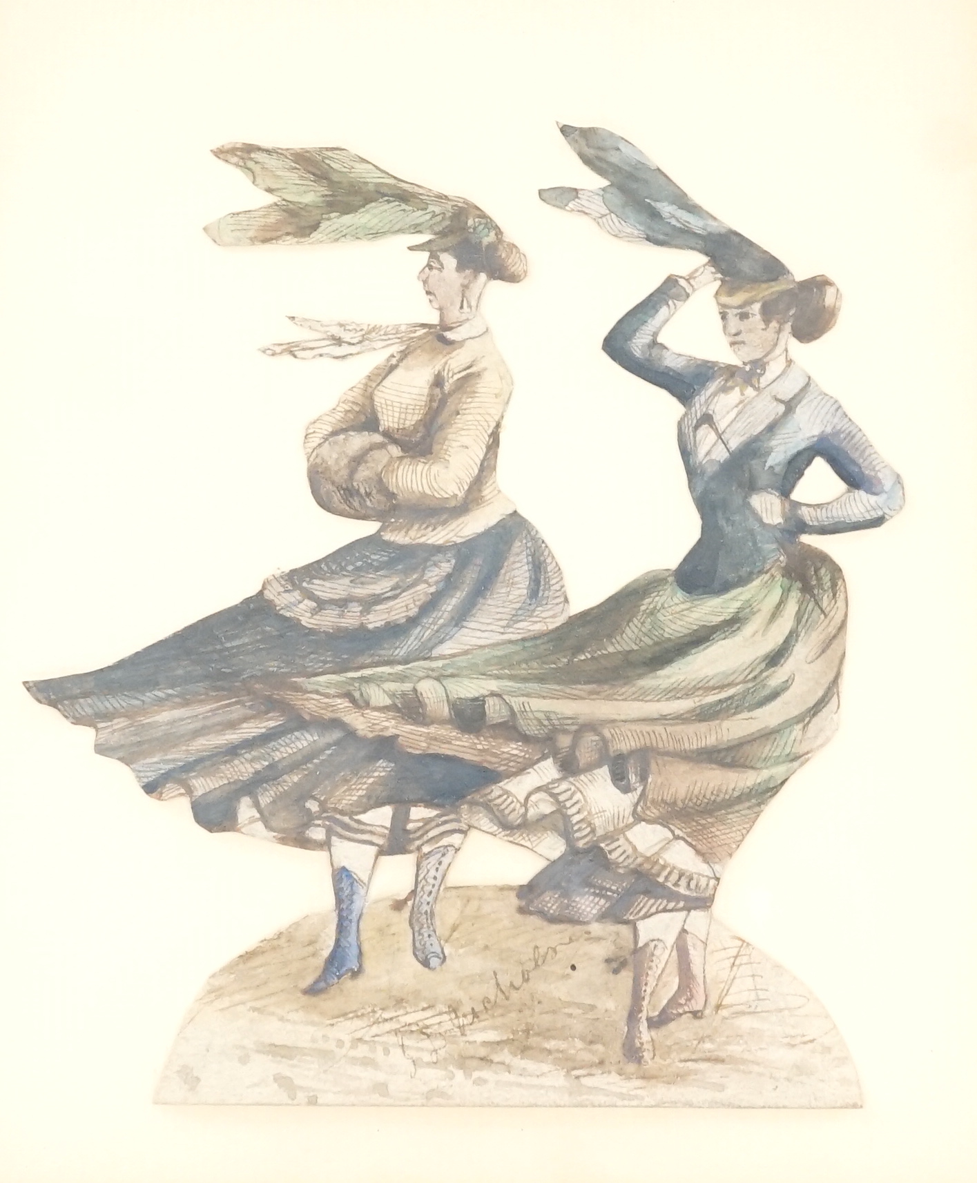 J.D. Nichols (19th C.), four ink and watercolour cut-out studies of musicians and dancers, signed and initialled, largest 17 x 22cm